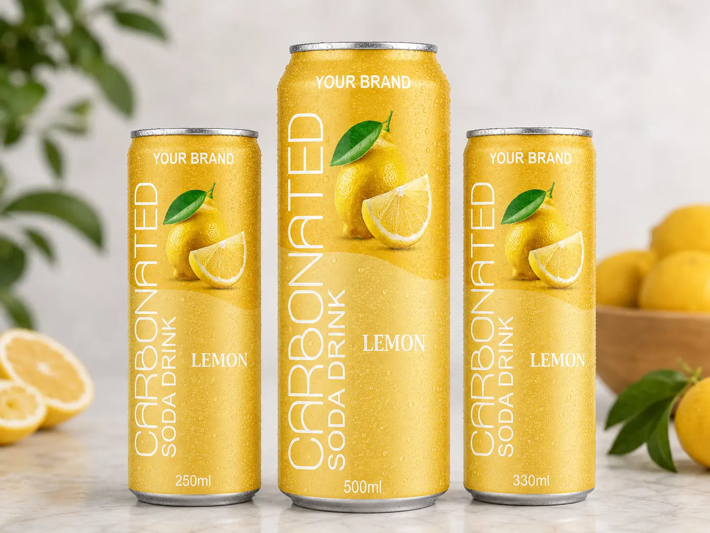 CARBONATED SODA DRINK Lemon flavour in 250ml, 500ml and 330ml cans.